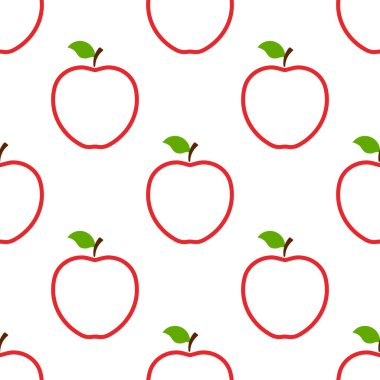 Beyaz arka planda kırmızı elmalar olan kusursuz bir desen. Organik meyve. Düz stil. Tasarım, ağ, ambalaj kağıdı, kumaş, duvar kağıdı için vektör illüstrasyonu.
