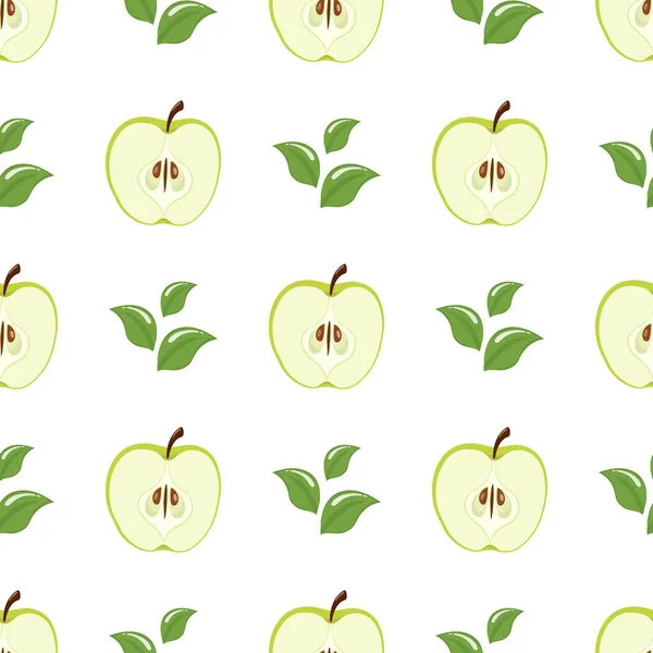 Zökkenőmentes Minta Zöld Félalmával Levelek Fehér Háttéren Organikus Gyümölcs Rajzfilm — Stock Vector
