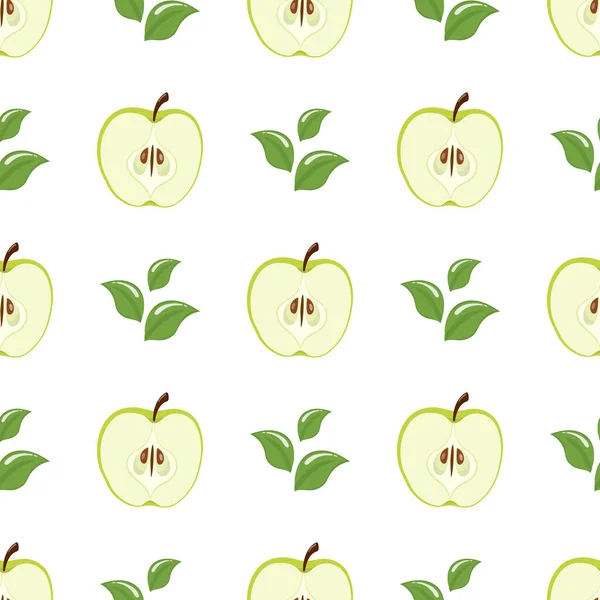 Patrón Sin Costuras Con Media Manzana Verde Hojas Sobre Fondo — Vector de stock