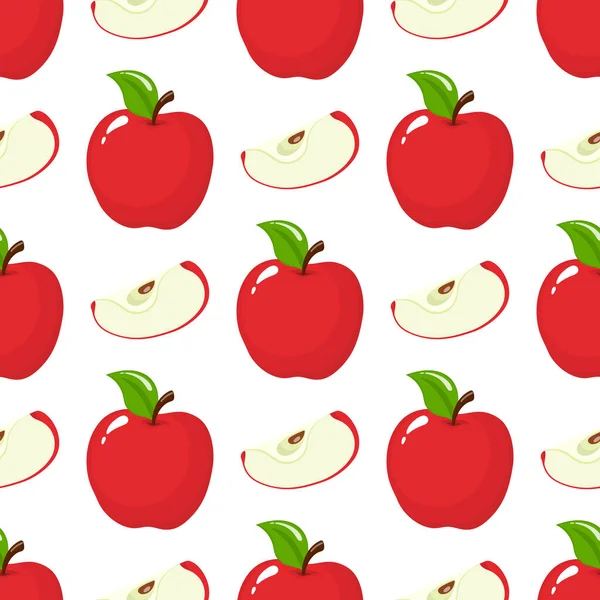 Seamless Pattern Red Whole Slice Apples White Background Organic Fruit — Stock Vector