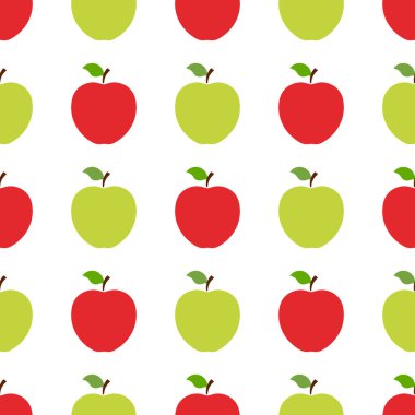 Beyaz arka planda kırmızı ve yeşil elma desenleri var. Organik meyve. Düz stil. Tasarım, ağ, ambalaj kağıdı, kumaş, duvar kağıdı için vektör illüstrasyonu.