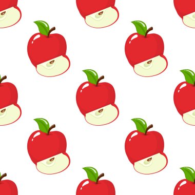 Kırmızı arkaplanda pürüzsüz bir desen ve beyaz arkaplanda elmalar. Organik meyve. Çizgi film tarzı. Tasarım, ağ, ambalaj kağıdı, kumaş, duvar kağıdı için vektör illüstrasyonu.