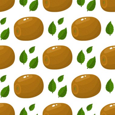 Taze kivi meyvesi ve beyaz arka planda yaprakları olan kusursuz bir desen. Sağlıklı yaşam için yaz meyveleri. Organik meyve. Çizgi film tarzı. Herhangi bir tasarım için vektör illüstrasyonu.