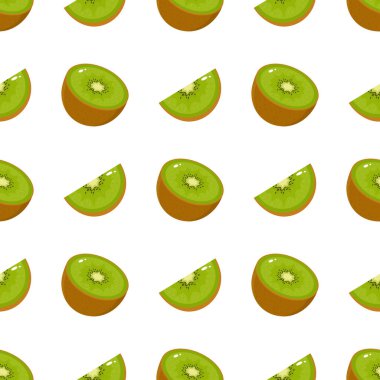 Taze yarısı ve beyaz arka planda kivi meyvesi dilimlenmiş pürüzsüz desen. Sağlıklı yaşam için yaz meyveleri. Organik meyve. Çizgi film tarzı. Herhangi bir tasarım için vektör illüstrasyonu.