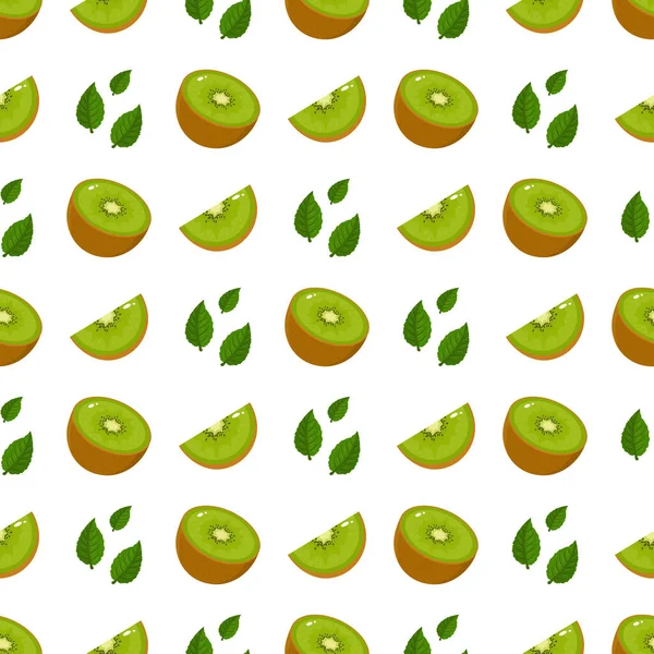 Nahtloses Muster Mit Frischen Halben Scheiben Kiwi Früchten Und Blättern — Stockvektor