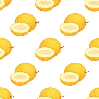 Kusursuz desenli ve beyaz arka planda taze ve yarım kavun meyvesi var. Honeydew kavunu. Sağlıklı yaşam için yaz meyveleri. Organik meyve. Herhangi bir tasarım için vektör illüstrasyonu.