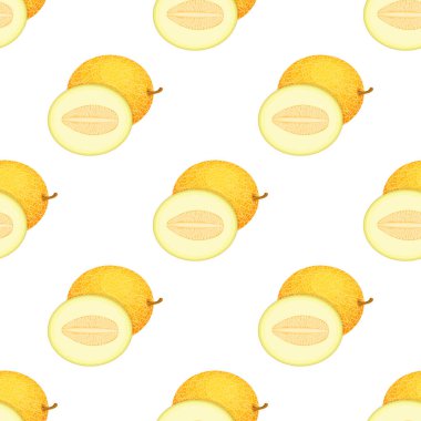 Kusursuz desenli ve beyaz arka planda taze ve yarım kavun meyvesi var. Honeydew kavunu. Sağlıklı yaşam için yaz meyveleri. Organik meyve. Herhangi bir tasarım için vektör illüstrasyonu.