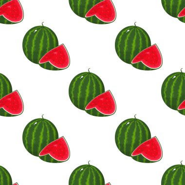 Kusursuz desenli, taze bir bütün ve beyaz arka planda dilimlenmiş karpuz meyvesi. Sağlıklı yaşam için yaz meyveleri. Organik meyve. Çizgi film tarzı. Herhangi bir tasarım için vektör illüstrasyonu.