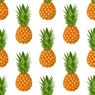 Taze ananas meyvesi ve beyaz arka planda yaprakları olan kusursuz bir desen. Sağlıklı yaşam için yaz meyveleri. Organik meyve. Çizgi film tarzı. Herhangi bir tasarım için vektör illüstrasyonu.