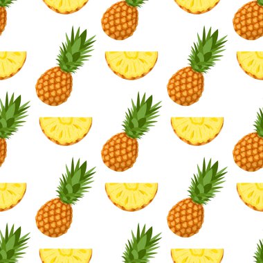Taze bir bütün ile kusursuz desen ve beyaz arka planda yaprakları olan ananas meyvesi dilimleri. Sağlıklı yaşam için yaz meyveleri. Organik meyve. Çizgi film tarzı. Herhangi bir tasarım için vektör illüstrasyonu.