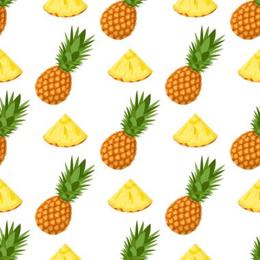 Taze bir bütün ile kusursuz desen ve beyaz arka planda yaprakları olan ananas meyvesi dilimleri. Sağlıklı yaşam için yaz meyveleri. Organik meyve. Çizgi film tarzı. Herhangi bir tasarım için vektör illüstrasyonu.