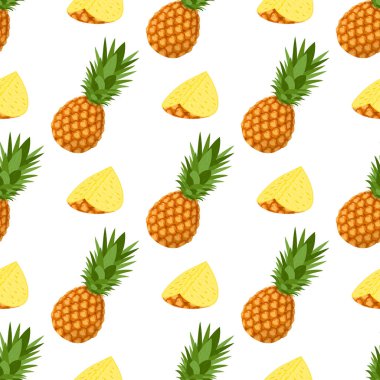 Taze bir bütün ile kusursuz desen ve beyaz arka planda yaprakları olan ananas meyvesi dilimleri. Sağlıklı yaşam için yaz meyveleri. Organik meyve. Çizgi film tarzı. Herhangi bir tasarım için vektör illüstrasyonu.