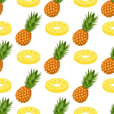 Taze bir bütün ile kusursuz desen ve beyaz arka planda yaprakları olan ananas meyvesi dilimleri. Sağlıklı yaşam için yaz meyveleri. Organik meyve. Çizgi film tarzı. Herhangi bir tasarım için vektör illüstrasyonu.