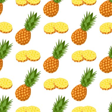 Taze bir bütün ile kusursuz desen ve beyaz arka planda yaprakları olan ananas meyvesi dilimleri. Sağlıklı yaşam için yaz meyveleri. Organik meyve. Çizgi film tarzı. Herhangi bir tasarım için vektör illüstrasyonu.