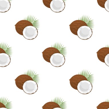 Çizgi filmdeki kusursuz desenli kahverengi egzotik hindistan cevizi, yarım ve yeşil yapraklı. Sağlıklı yaşam için yaz meyveleri. Organik meyve. Herhangi bir tasarım için vektör illüstrasyonu.