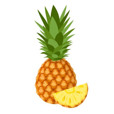 Beyaz arka planda izole edilmiş taze ve kesilmiş ananas meyvesi. Sağlıklı yaşam için yaz meyveleri. Organik meyve. Çizgi film tarzı. Herhangi bir tasarım için vektör illüstrasyonu.