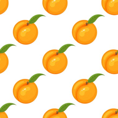 Beyaz arka planda egzotik şeftali desenli çizgi film. Sağlıklı yaşam için yaz meyveleri. Organik meyve. Herhangi bir tasarım için vektör illüstrasyonu.