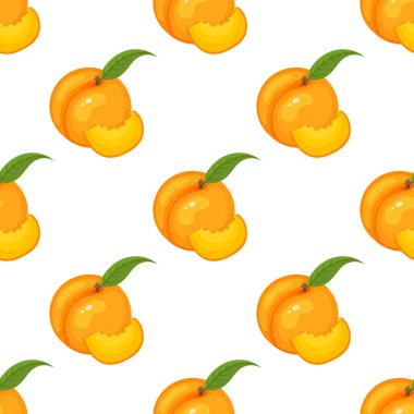 Beyaz arka planda çizgi film detaylı egzotik şeftali deseni. Sağlıklı yaşam için yaz meyveleri. Organik meyve. Herhangi bir tasarım için vektör illüstrasyonu.