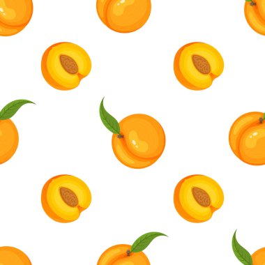 Beyaz arka planda çizgi film detaylı egzotik şeftali deseni. Sağlıklı yaşam için yaz meyveleri. Organik meyve. Herhangi bir tasarım için vektör illüstrasyonu.