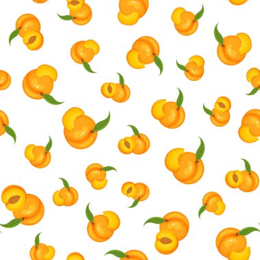 Beyaz arka planda çizgi film detaylı egzotik şeftali deseni. Sağlıklı yaşam için yaz meyveleri. Organik meyve. Herhangi bir tasarım için vektör illüstrasyonu.