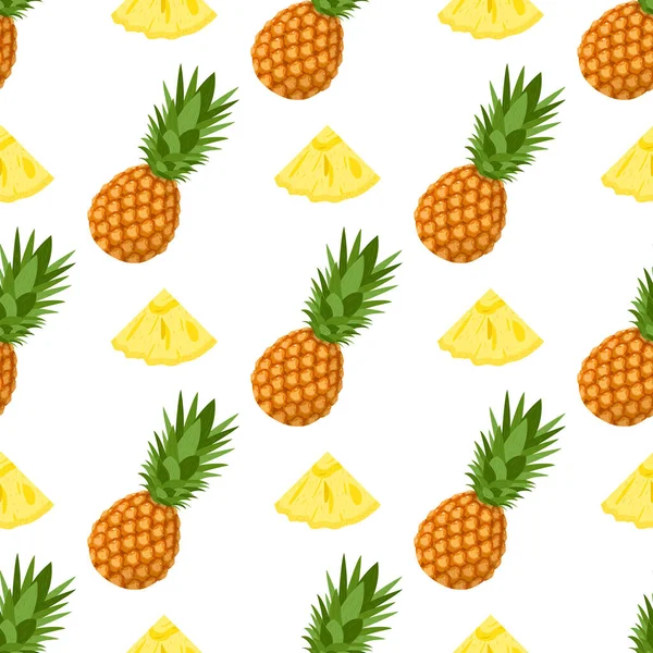 无缝隙花纹 整片新鲜 切片菠萝果片 叶背为白色 夏天水果促进健康的生活方式 有机水果 卡通风格 任何设计的矢量说明 — 图库矢量图片