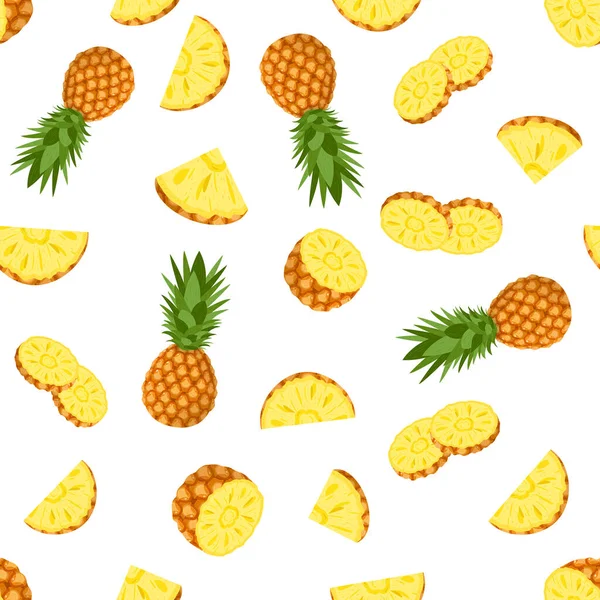 无缝隙花纹 整片新鲜 切片菠萝果片 叶背为白色 夏天水果促进健康的生活方式 有机水果 卡通风格 任何设计的矢量说明 — 图库矢量图片