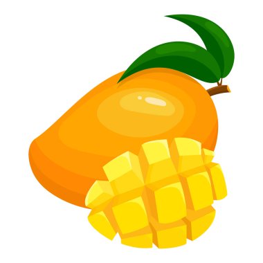 Beyaz arka planda taze, parlak, egzotik ve dilimlenmiş mango. Sağlıklı yaşam için yaz meyveleri. Organik meyve. Çizgi film tarzı. Herhangi bir tasarım için vektör illüstrasyonu.