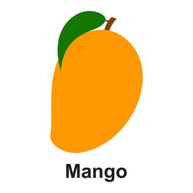 Mango simgesi, logo. Beyaz arka planda izole edilmiş taze, parlak egzotik mango. Sağlıklı yaşam için yaz meyveleri. Organik meyve. Herhangi bir tasarım için vektör illüstrasyonu.
