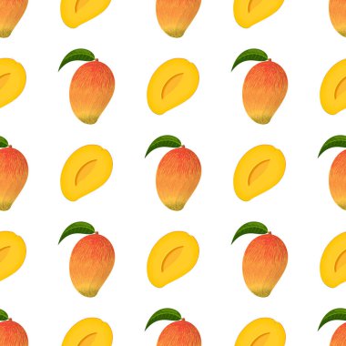 Tertemiz, parlak, egzotik ve beyaz arka planda izole edilmiş yarım mango deseni. Sağlıklı yaşam için yaz meyveleri. Organik meyve. Çizgi film tarzı. Herhangi bir tasarım için vektör illüstrasyonu.