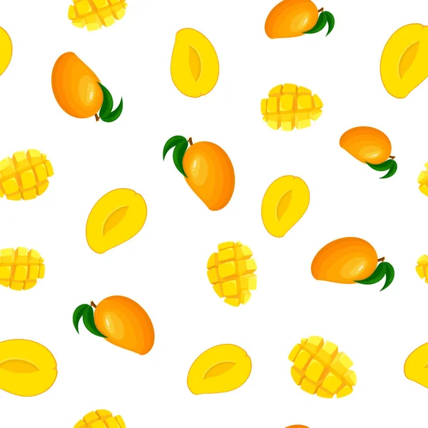 无缝隙图案与新鲜明亮的异国情调整体和切片芒果隔离的白色背景 夏天水果促进健康的生活方式 有机水果 卡通风格 任何设计的矢量说明 — 图库矢量图片