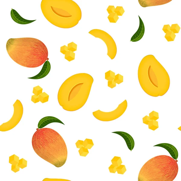 Płynny Wzór Świeżą Jasną Egzotyczną Całością Pokrojonym Mango Wyizolowanym Białym — Wektor stockowy