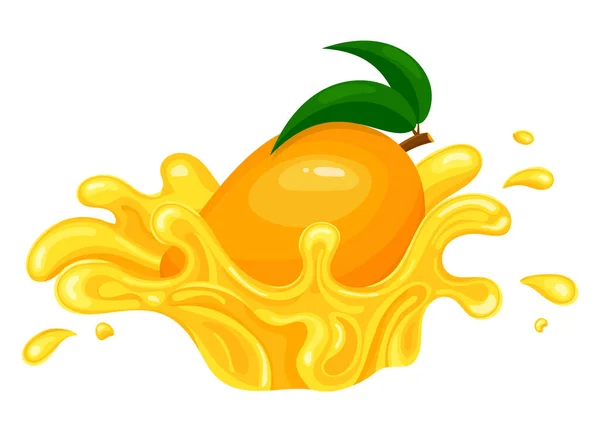 Verse Heldere Mango Sap Splash Barstte Geïsoleerd Witte Achtergrond Zomervruchtensap — Stockvector