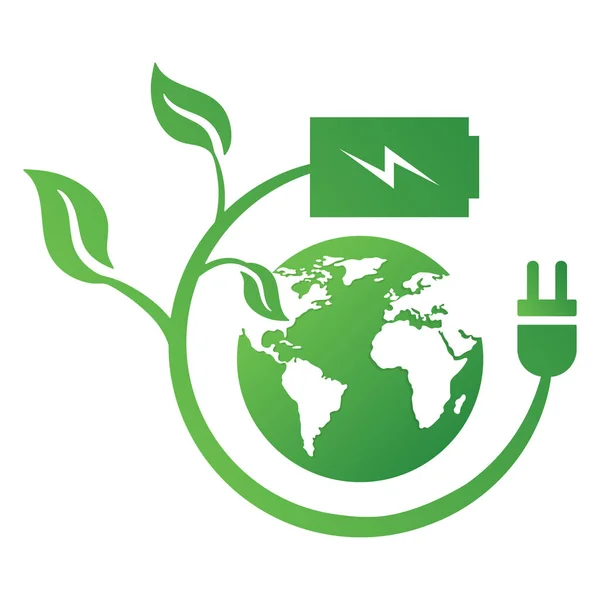 Grüne Blätter Erde Und Steckersymbol Isoliert Auf Weißem Hintergrund Ökologiekonzept — Stockvektor