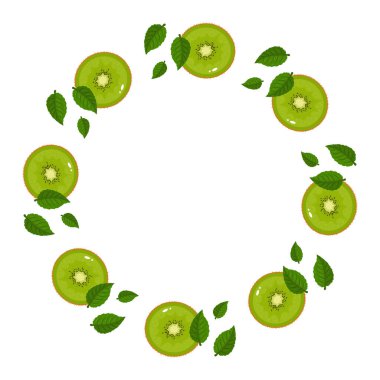 Yeşil kivi meyvesinden çelenk ve yazı için yer var. Karikatür organik tatlı yiyecekler. Sağlıklı yaşam için yaz meyveleri. Herhangi bir tasarım için vektör illüstrasyonu.