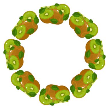 Yeşil kivi meyvesinden çelenk ve yazı için yer var. Karikatür organik tatlı yiyecekler. Sağlıklı yaşam için yaz meyveleri. Herhangi bir tasarım için vektör illüstrasyonu.