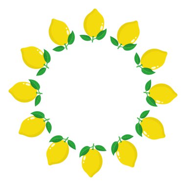 Sarı limon meyvesinden çelenk ve yazı için yer var. Karikatür organik tatlı yiyecekler. Sağlıklı yaşam için yaz meyveleri. Herhangi bir tasarım için vektör illüstrasyonu.