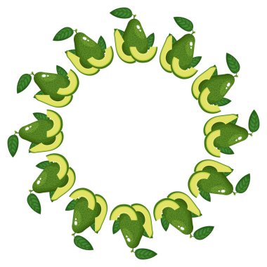 Çelenk tam ve yarım avokadodan, boşluk da yazı için. Karikatür organik tatlı yiyecekler. Sağlıklı yaşam için yaz meyveleri. Herhangi bir tasarım için vektör illüstrasyonu.