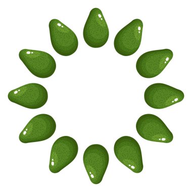 Yeşil bir avokadodan çelenk ve yazı için boşluk. Karikatür organik tatlı yiyecekler. Sağlıklı yaşam için yaz meyveleri. Herhangi bir tasarım için vektör illüstrasyonu.