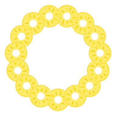 Kesik halkalardan çelenk ananas ve metin için yer var. Karikatür organik tatlı yiyecekler. Sağlıklı yaşam için yaz meyveleri. Herhangi bir tasarım için vektör illüstrasyonu.