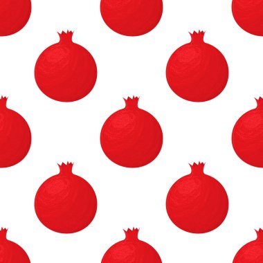 Kusursuz desenli, beyaz arka planda parlak egzotik bir nar deseni. Sağlıklı yaşam için yaz meyveleri. Organik meyve. Çizgi film tarzı. Herhangi bir tasarım için vektör illüstrasyonu.