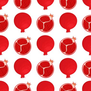 Taze, parlak egzotik bir bütün ve beyaz arka planda yaprakları olan yarım nar deseni. Sağlıklı yaşam için yaz meyveleri. Organik meyve. Herhangi bir tasarım için vektör illüstrasyonu.