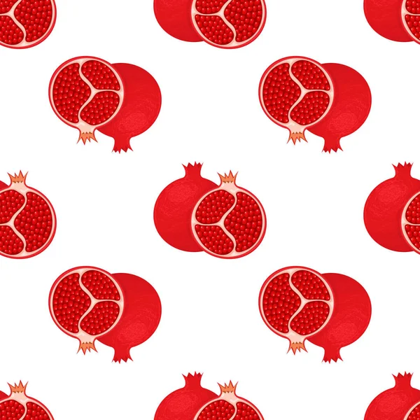 Seamless Pattern Fresh Bright Exotic Whole Half Pomegranate Leaves White — Stock Vector