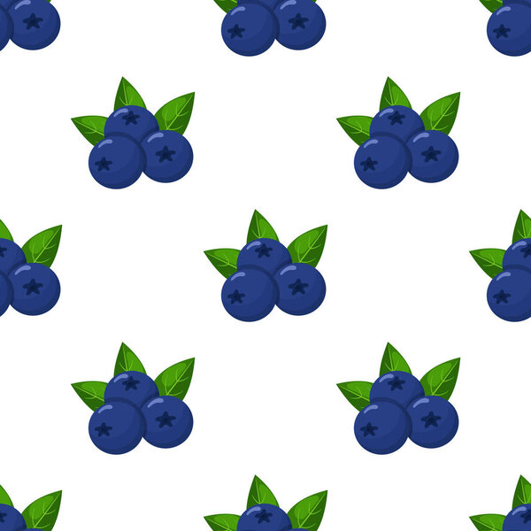 Seamless pattern with fresh bright exotic blueberries on white background. Summer fruits for healthy lifestyle. Organic fruit. Cartoon style. Vector illustration for any design.