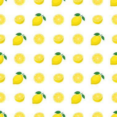 Kusursuz desenli, parlak egzotik bir bütün ve beyaz arka planda yarım limon meyvesi. Sağlıklı yaşam için yaz meyveleri. Organik meyve. Çizgi film tarzı. Herhangi bir tasarım için vektör illüstrasyonu.