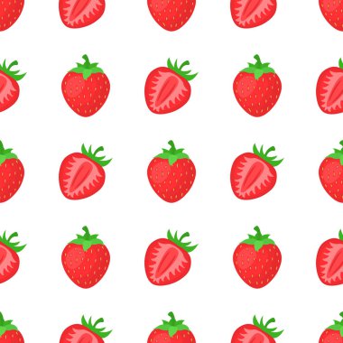 Tertemiz, parlak, egzotik ve beyaz arka planda yarım çilek deseni. Sağlıklı yaşam için yaz meyveleri. Organik meyve. Çizgi film tarzı. Herhangi bir tasarım için vektör illüstrasyonu.