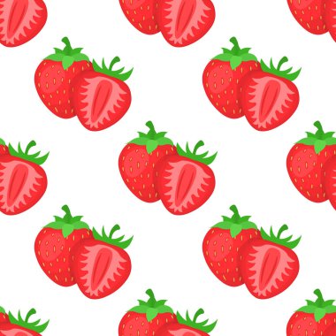 Tertemiz, parlak, egzotik ve beyaz arka planda yarım çilek deseni. Sağlıklı yaşam için yaz meyveleri. Organik meyve. Çizgi film tarzı. Herhangi bir tasarım için vektör illüstrasyonu.