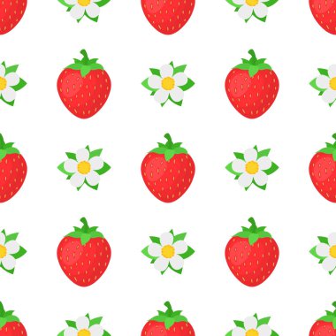Kusursuz desenli, parlak egzotik, beyaz arka planda çiçekli çilekler. Sağlıklı yaşam için yaz meyveleri. Organik meyve. Çizgi film tarzı. Herhangi bir tasarım için vektör illüstrasyonu.