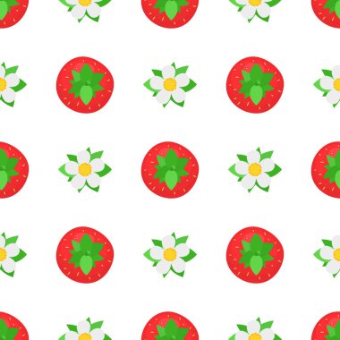 Taze, parlak egzotik çilekler beyaz arka planda yukarıdan bakıldığında kusursuz bir desen. Sağlıklı yaşam için yaz meyveleri. Organik meyve. Çizgi film tarzı. Herhangi bir tasarım için vektör illüstrasyonu.