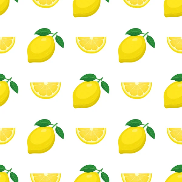 无缝隙图案 色泽鲜亮 全异国情调 切切柠檬片 底色洁白 夏天水果促进健康的生活方式 有机水果 卡通风格 任何设计的矢量说明 — 图库矢量图片