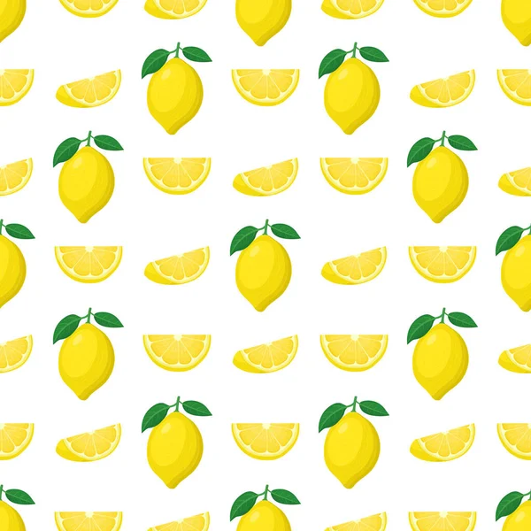 无缝隙图案 色泽鲜亮 全异国情调 切切柠檬片 底色洁白 夏天水果促进健康的生活方式 有机水果 卡通风格 任何设计的矢量说明 — 图库矢量图片